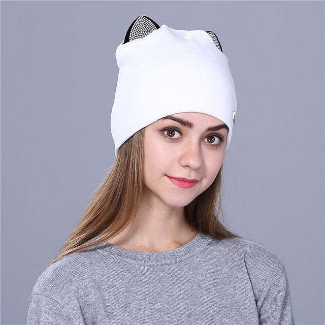 Rhinestone Cat Ear Beanie