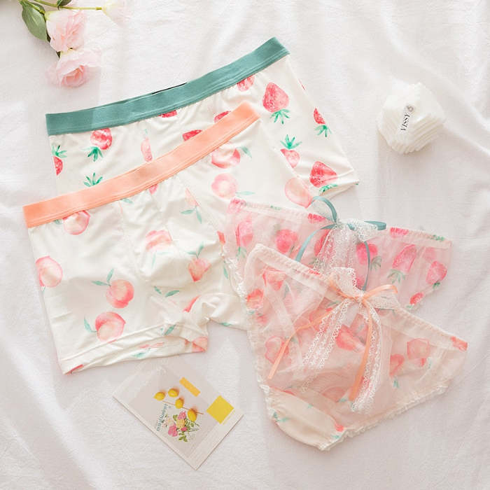 Cute Kawaii Fruit Pattern Matching Couple Underwear With Lace Details