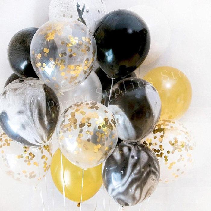 Black White Marble Gold Confetti Balloons Wedding Party Decoration 20 Pcs / Set