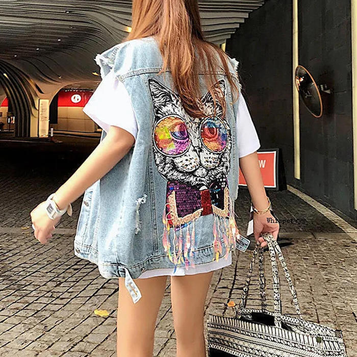 Weird Cat Denim Mini Vest