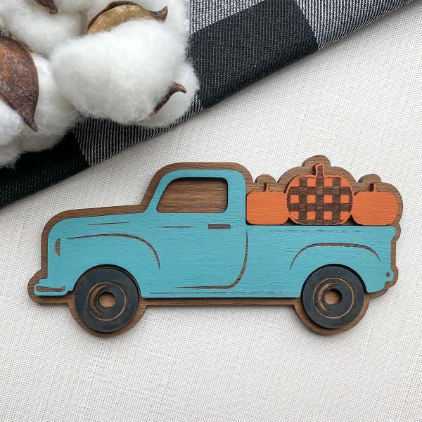 Fall Tiered Tray - Blue Pick-Up Truck with Pumpkins