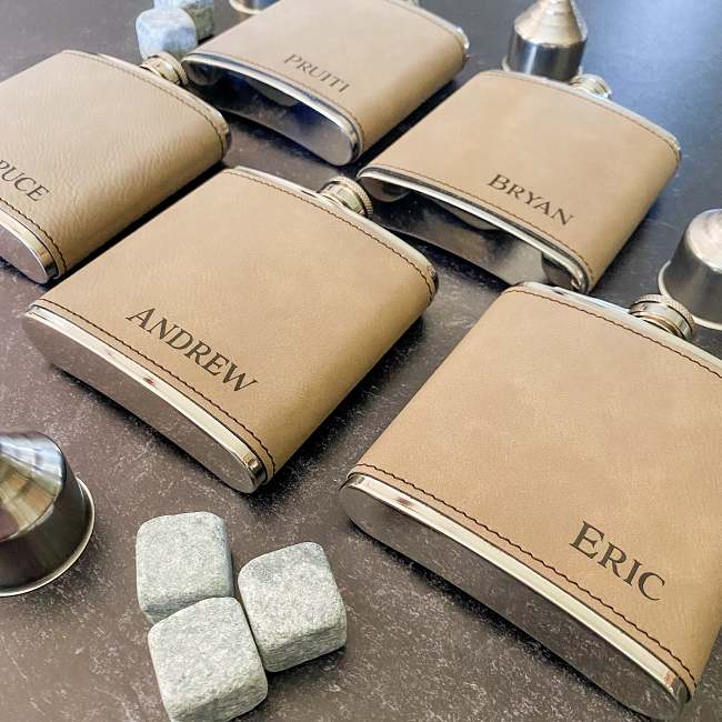 Name Monogram Groomsmen Leather & Stainless Flask
