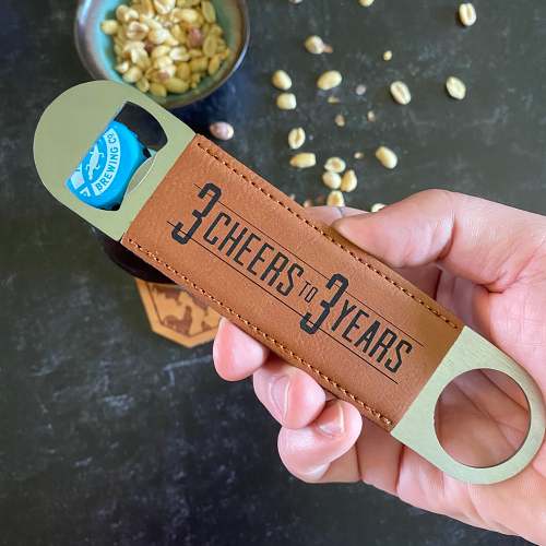 3 Cheers to 3 Years Leather Beer Bottle Opener
