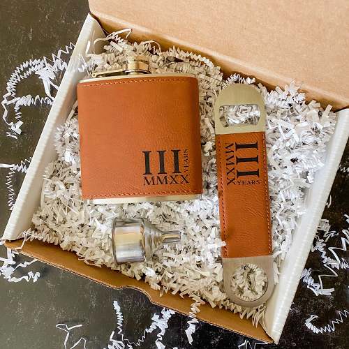 3rd Anniversary Roman Numerals Flask and Beer Bottle Opener Gift Set