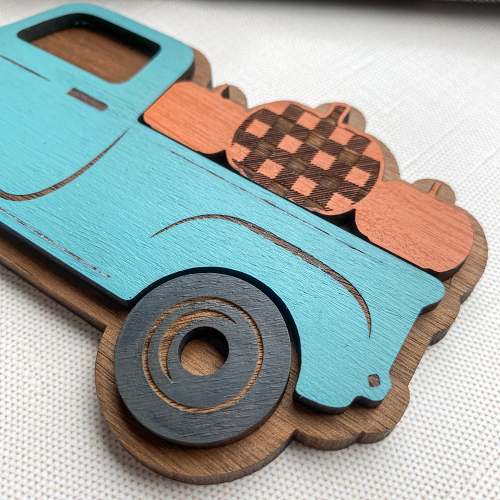 Fall Tiered Tray - Blue Pick-Up Truck with Pumpkins