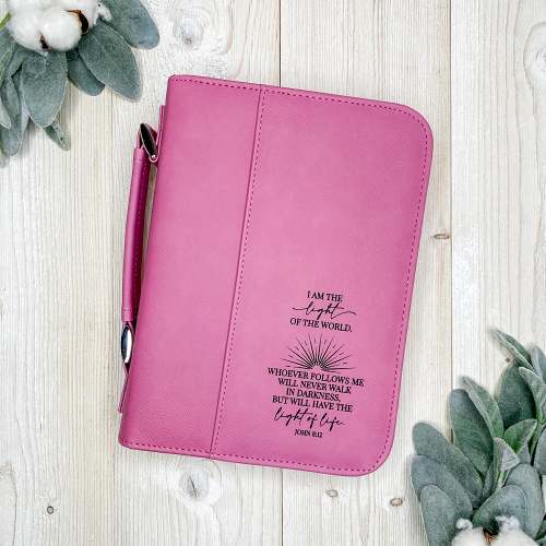 Leatherette Engraved Bible Cover - Pink John 8:12