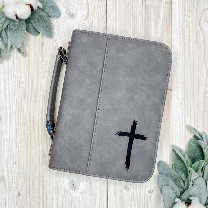 Leatherette Engraved Bible Cover - Gray Cross