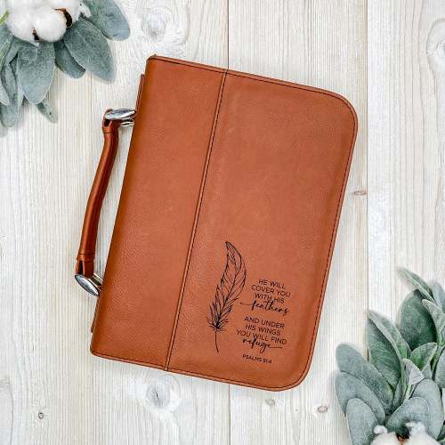 Leatherette Engraved Bible Cover - Chestnut Psalms 91:4
