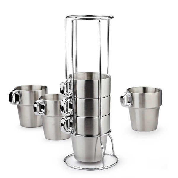 6-Piece Double-Walled Stainless Steel Stackable Mugs – Durable, Insulated, Sleek Design, Heat Retention, Rust-Resistant, Modern Kitchenware, Space-Saving, Perfect for Hot and Cold Beverages