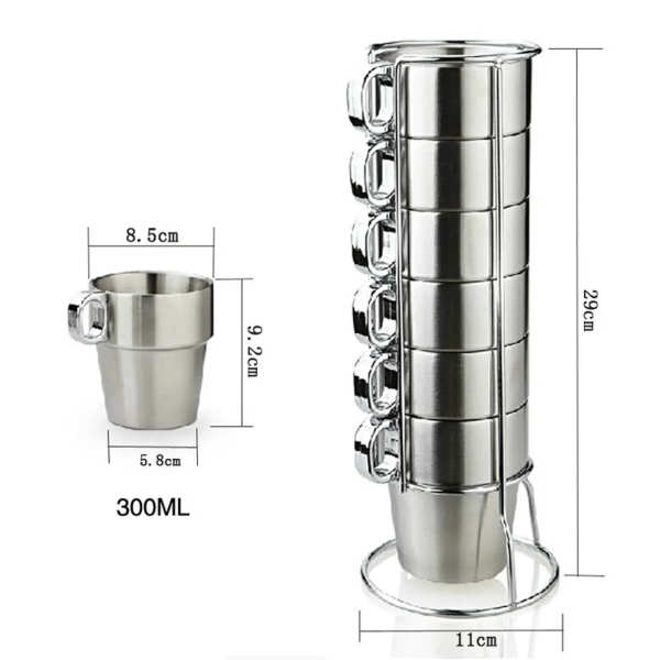 6-Piece Double-Walled Stainless Steel Stackable Mugs – Durable, Insulated, Sleek Design, Heat Retention, Rust-Resistant, Modern Kitchenware, Space-Saving, Perfect for Hot and Cold Beverages