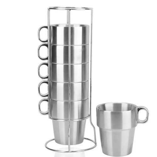 6-Piece Double-Walled Stainless Steel Stackable Mugs – Durable, Insulated, Sleek Design, Heat Retention, Rust-Resistant, Modern Kitchenware, Space-Saving, Perfect for Hot and Cold Beverages