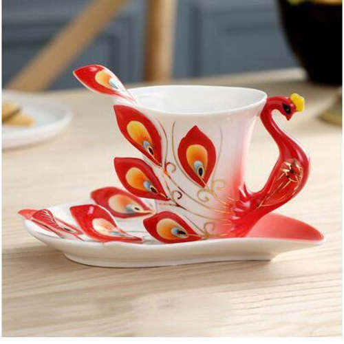 European Peacock Ceramic Coffee Tea Cup Set