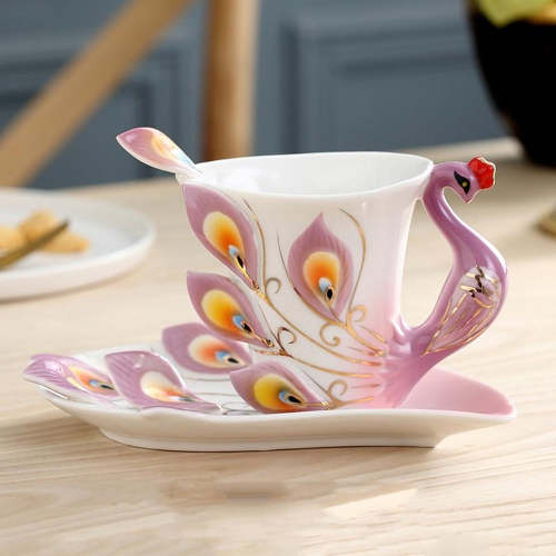 European Peacock Ceramic Coffee Tea Cup Set