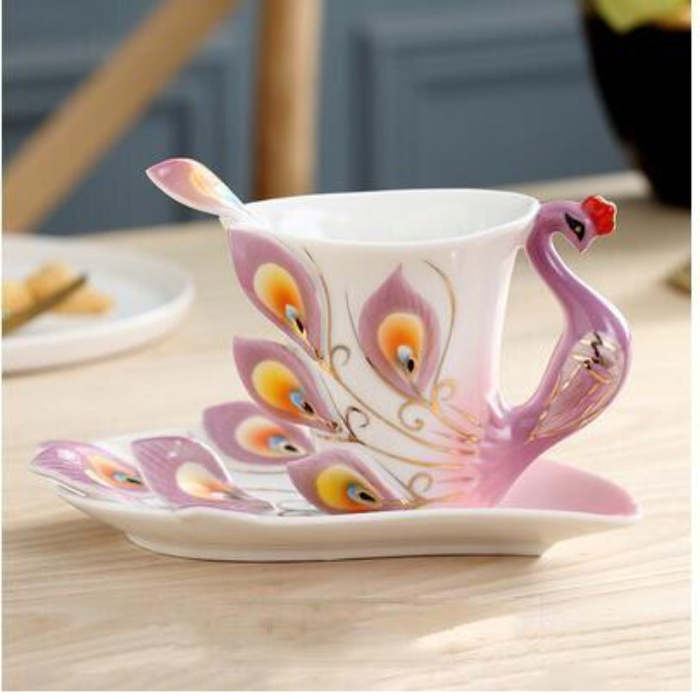European Peacock Ceramic Coffee Tea Cup Set