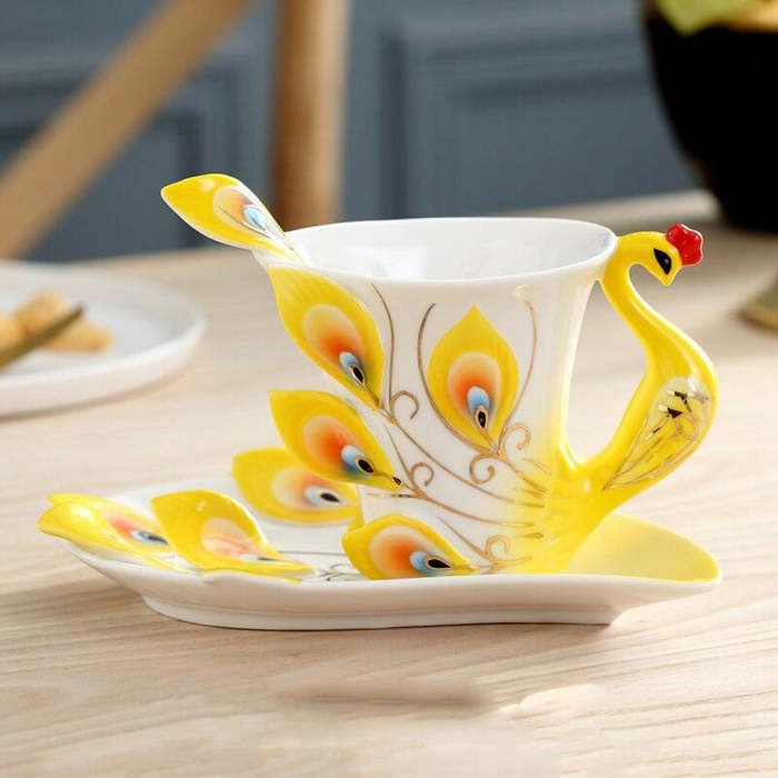 European Peacock Ceramic Coffee Tea Cup Set