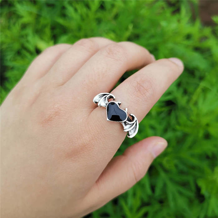 Gothic bat wing heart ring