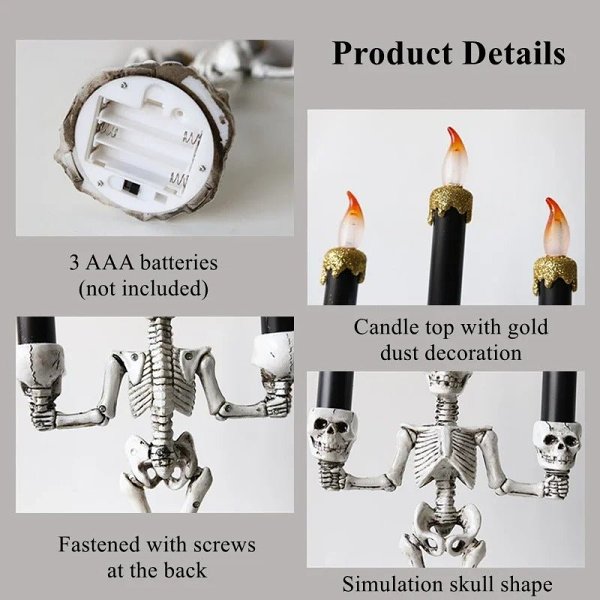 Halloween Skeleton Candlestick - Three Skull Candle Lights Resin Gothic Halloween Props Led Simulation Human Skull Candle Holder