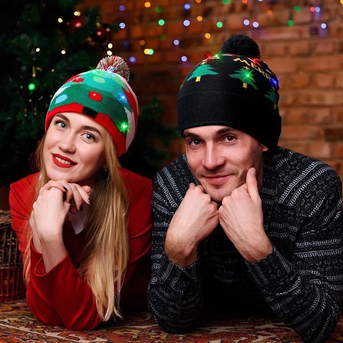 LED Christmas Beanie - Unisex Knitted Beanie  for Christmas and New Year