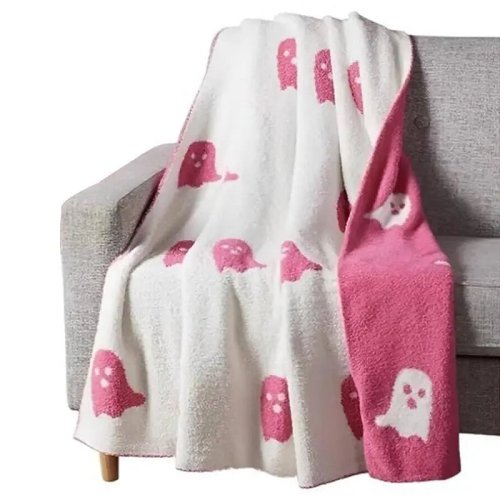 Double-Sided Pink and Balck Ghost Halloween Blanket – Cozy Flannel Throw for Beds, Sofas, & Couches