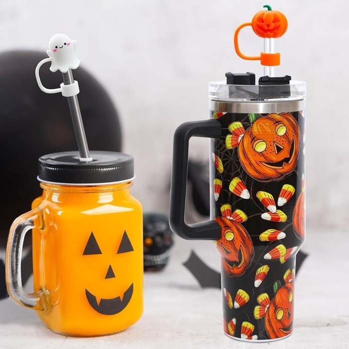 Halloween Straw Cover Cap - 5PCS Halloween Silicone Straw Topper for Stanley 10mm 0.4in Dust-Proof Reusable Straw Tips for Tumbler