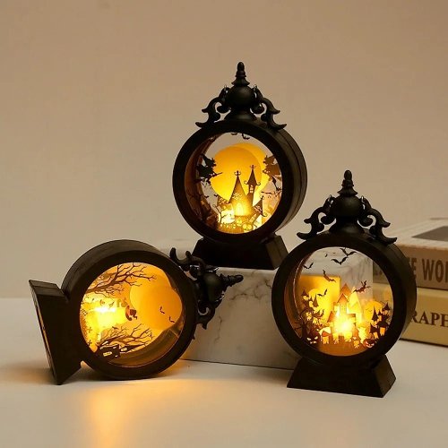 Halloween Decoration Wind Lamp - Retro Round Hand Lantern with Electronic Candle for Atmospheric Decoration