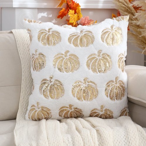 Halloween Pumpkin Throw Pillow Cover – Plush Sequin Embroidery with Zip Closure, Ideal for Cozy Living Room & Bedroom Décor