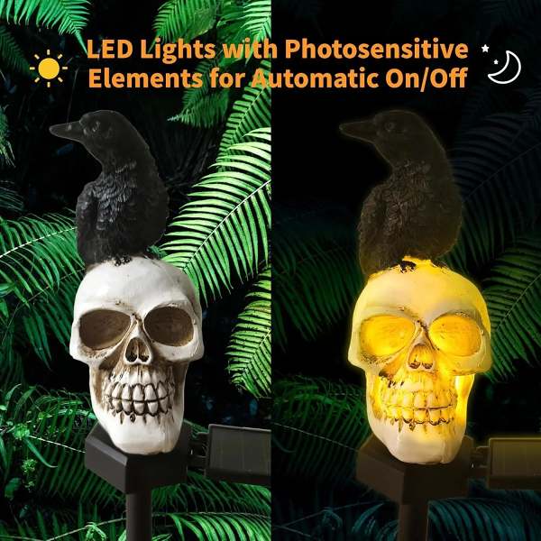 Halloween Outdoor Raven Solar Garden Light Skull - Halloween Decor Outdoor Skeleton Skull Head, Halloween Crows and Ravens Decor