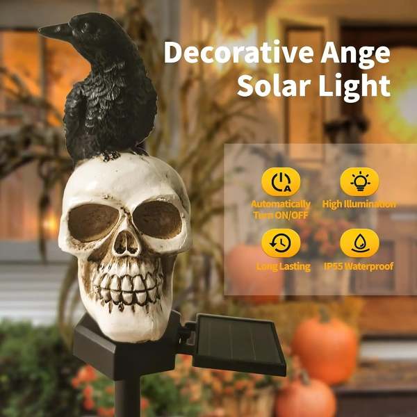 Halloween Outdoor Raven Solar Garden Light Skull - Halloween Decor Outdoor Skeleton Skull Head, Halloween Crows and Ravens Decor