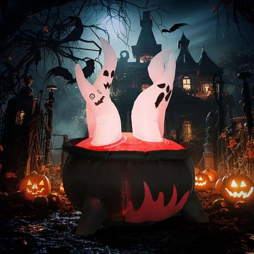 Halloween LED Ghosts in Cauldron Inflatable Decoration - Red Cauldron, Blow Up LED Yard Decor for Garden, Lawn, Party, Holiday