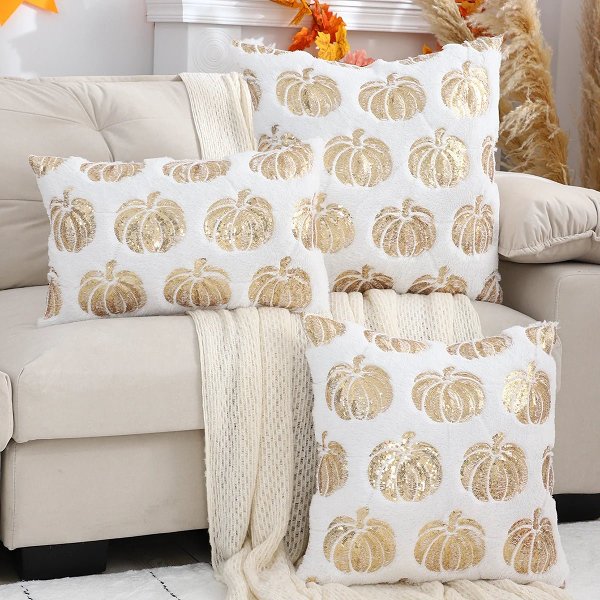 Halloween Pumpkin Throw Pillow Cover – Plush Sequin Embroidery with Zip Closure, Ideal for Cozy Living Room & Bedroom Décor