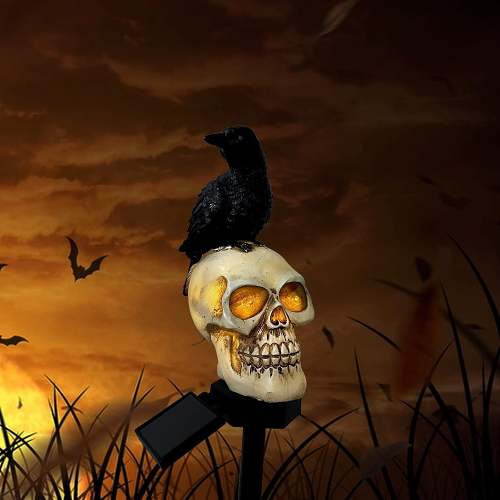 Halloween Outdoor Raven Solar Garden Light Skull - Halloween Decor Outdoor Skeleton Skull Head, Halloween Crows and Ravens Decor