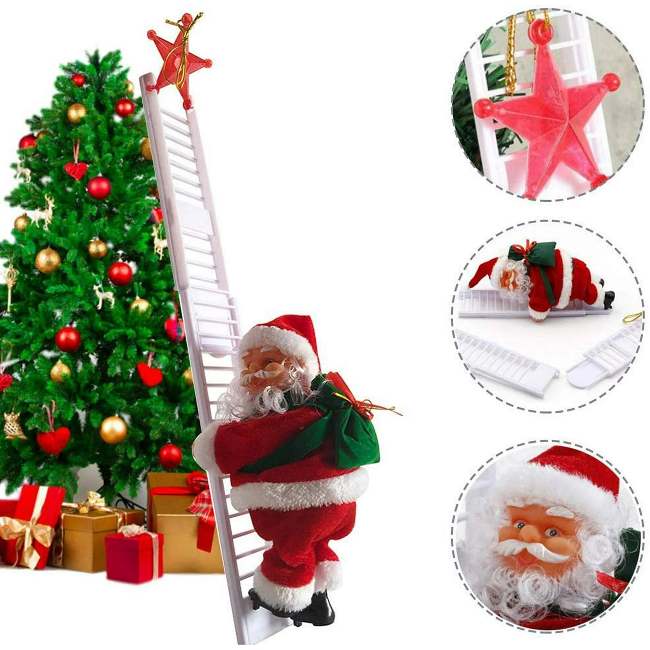 Electric Climbing Ladder Santa Claus Doll - Climbing Up and Down Santa Claus on Ladder with Music and Bag