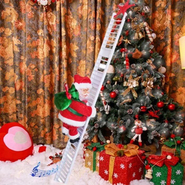 Electric Climbing Ladder Santa Claus Doll - Climbing Up and Down Santa Claus on Ladder with Music and Bag