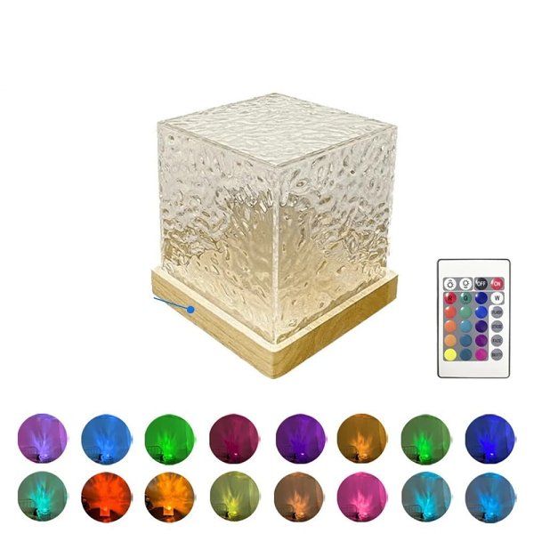 Water Ripple Cube Crystal Projector Lamp - 16 Colors Flame Crystal Lamp for Living Room, Study Room and Bedroom Rotating Light