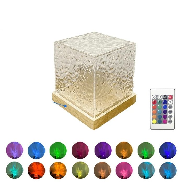 Water Ripple Cube Crystal Projector Lamp - 16 Colors Flame Crystal Lamp for Living Room, Study Room and Bedroom Rotating Light