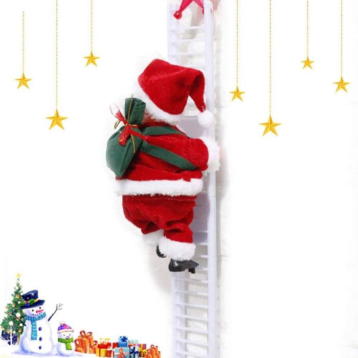 Electric Climbing Ladder Santa Claus Doll - Climbing Up and Down Santa Claus on Ladder with Music and Bag