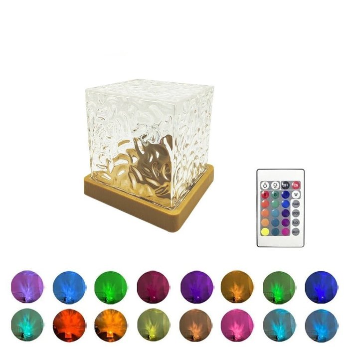 Water Ripple Cube Crystal Projector Lamp - 16 Colors Flame Crystal Lamp for Living Room, Study Room and Bedroom Rotating Light