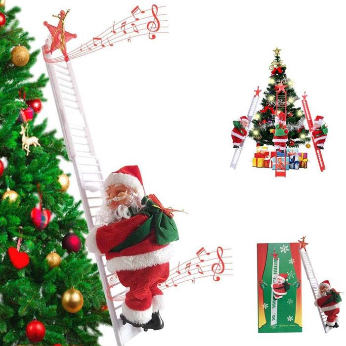 Electric Climbing Ladder Santa Claus Doll - Climbing Up and Down Santa Claus on Ladder with Music and Bag