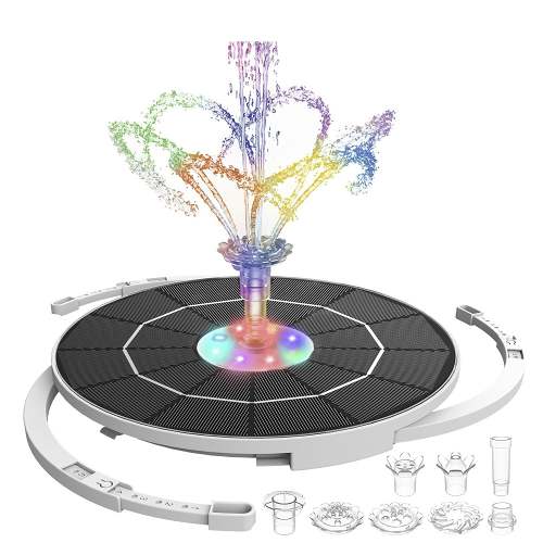 LED Solar Fountain, Solar Water Fountains with 3000mAh Battery 6 Nozzles, for Bird Bath, Garden and Outdoor