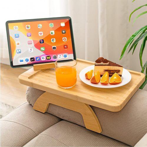 Foldable Bamboo Wooden Couch Arm Table – Convenient Armrest Tray for Drinks, Snacks, Remotes & Magazines