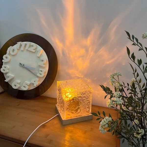 Water Ripple Cube Crystal Projector Lamp - 16 Colors Flame Crystal Lamp for Living Room, Study Room and Bedroom Rotating Light