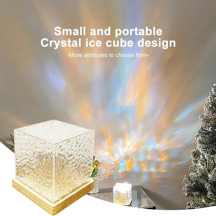 Water Ripple Cube Crystal Projector Lamp - 16 Colors Flame Crystal Lamp for Living Room, Study Room and Bedroom Rotating Light