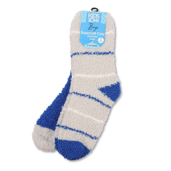 Boys Supersoft Cosy Elasticated Socks Blue Stripes Age 8 to 13 Years 2 Pack