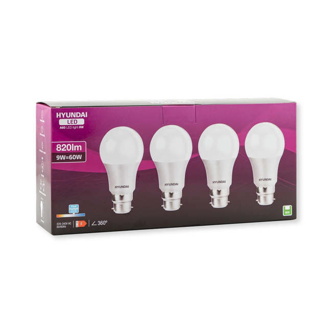Hyundai Energy Saving LED Lightbulbs 9W B22 A60 Cool Daylight 4 Pack