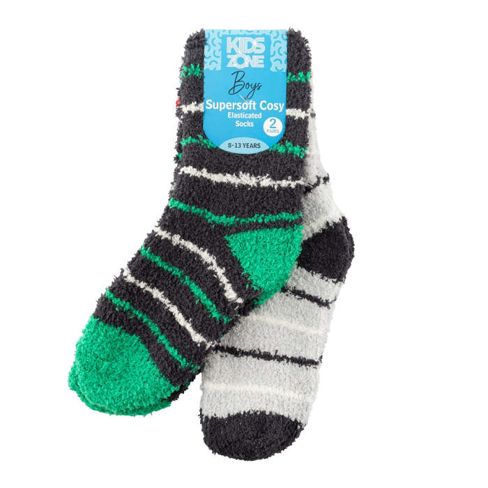 Boys Supersoft Cosy Green Striped Socks Age 8 to 13 Years 2 Pack