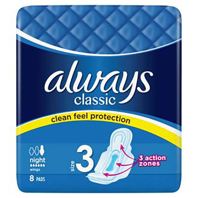 Always Classic Night Sanitary Pads with Wings Size 3 (8 Pack)