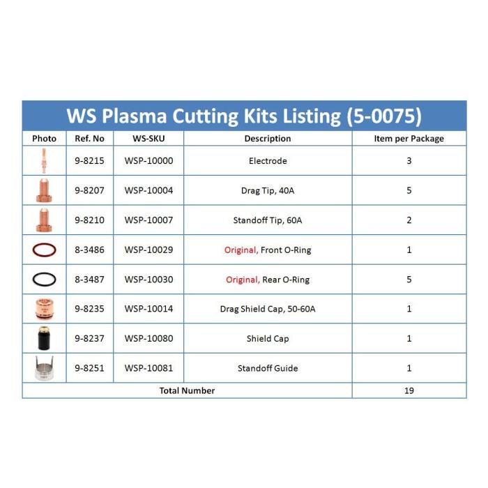 5-0075 Electrode 40-60A Tip 9-8237 Shield Cap 9-8251 Standoff Fit Thermal Dynamics Plasma SL60 Torch 19-Pack