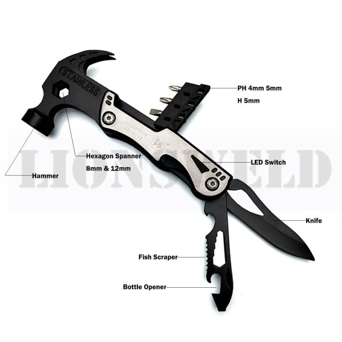 14 In 1 Multifunction Camping Hammer Knife Tool Scraper Bottle Opener LED Light