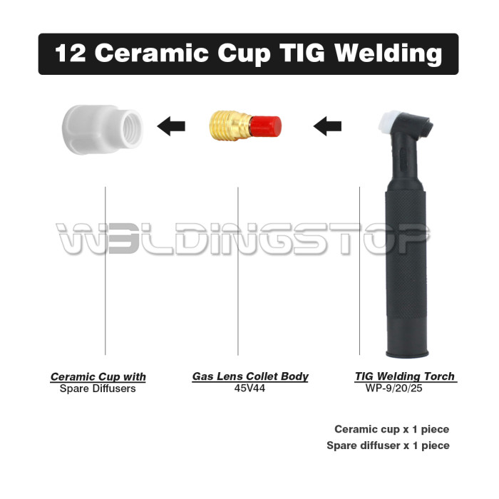WeldingStop #12 Ceramic Cup White TIG Welding Cup fit Torch WP 9/20/25 Series with 3/32” Diffuser 3pk