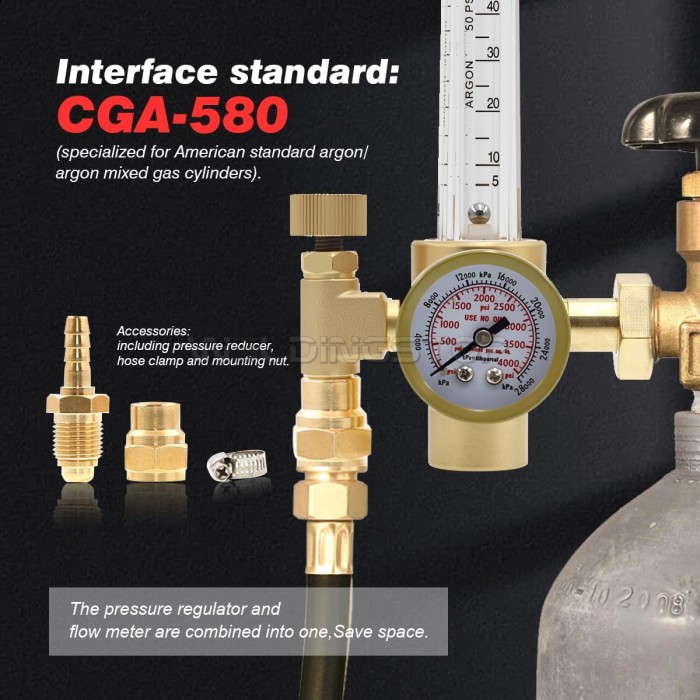 WeldingStop Argon CO2 MIG Welding Regulator CGA-580 0-60 CFH Flow Meter Gauge with 6.5FT Gas Welding Hose for MIG/TIG Welding
